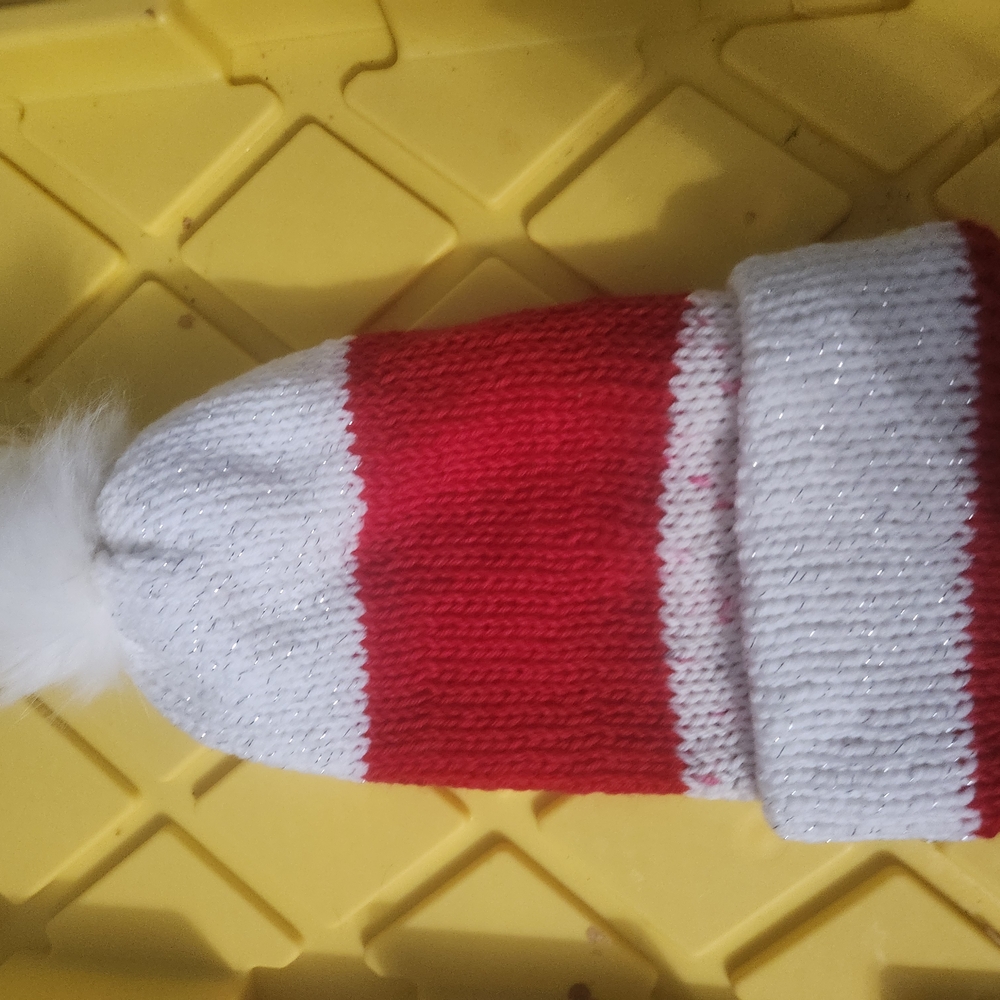 New! Hand Knitted Red and Sparkly White Knit Pom-Pom Hat
